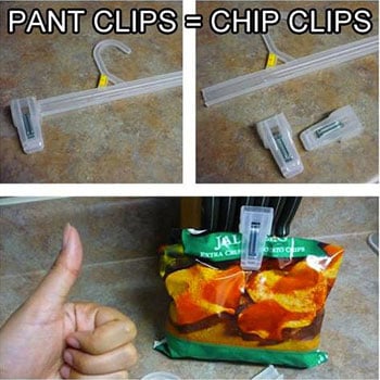 turn a pant hanger into a chip clip